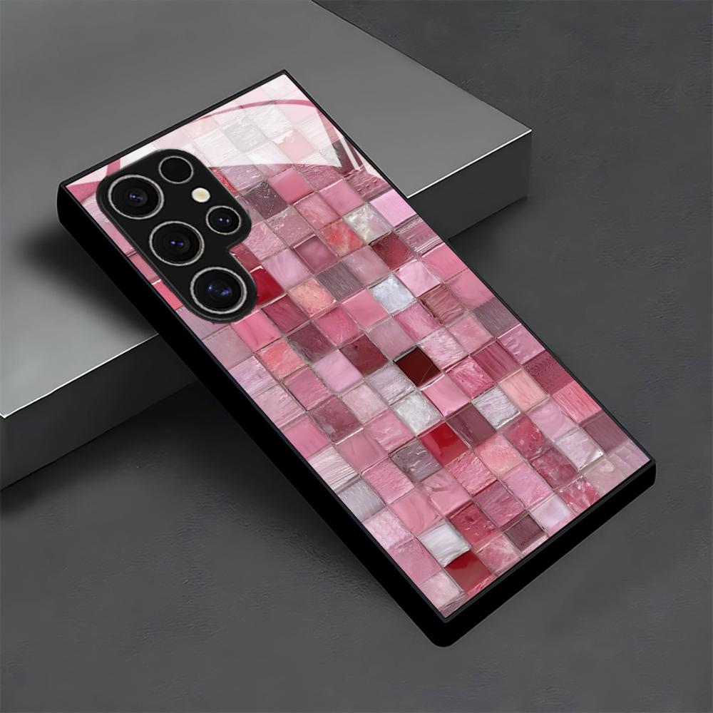Pink Mosaic Tile Pattern glass Phone Case For Samsung Galaxy S26 S25 S24 S22 S23 Ultra S21 S20 Plus 5G Non-Slip Full Cover