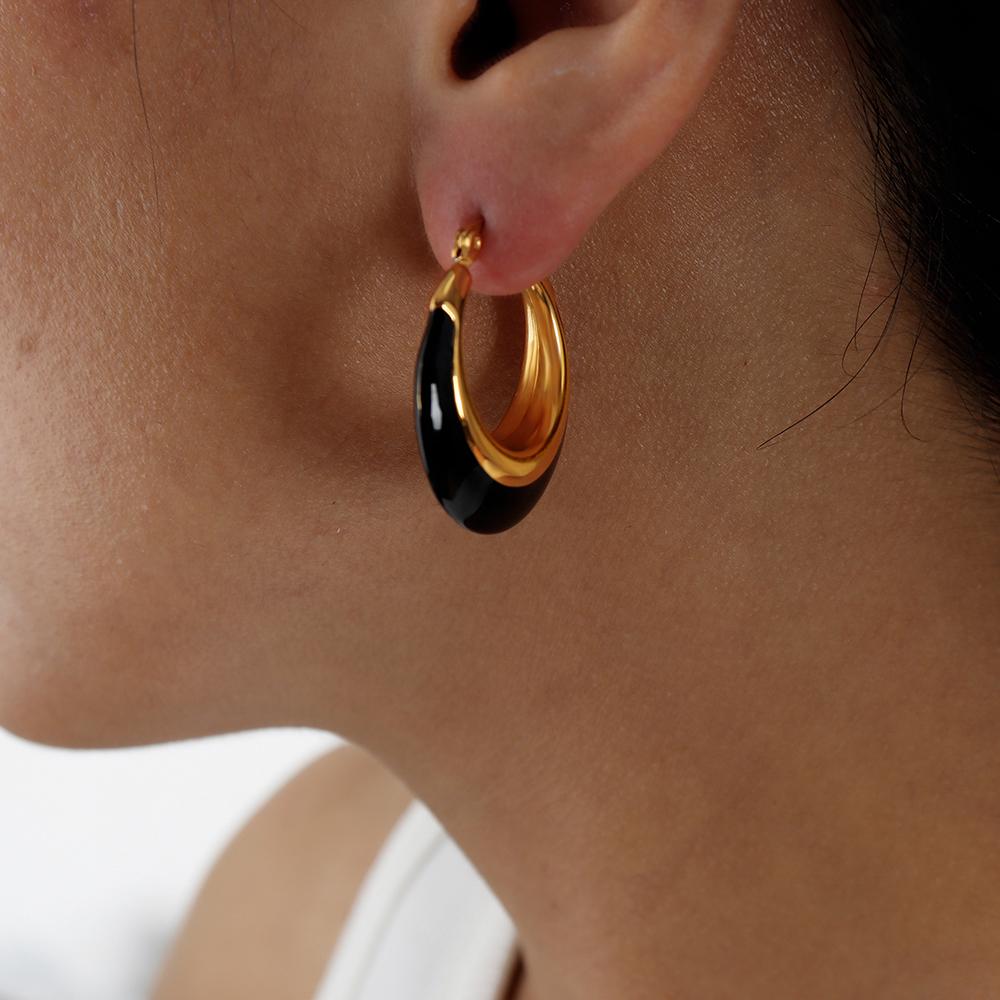 Stainless Steel Hoop Earrings for Women Gold Plated With Black White Enamel Drop Earring Chunky Ear Hoops Daily Wear Jewelry
