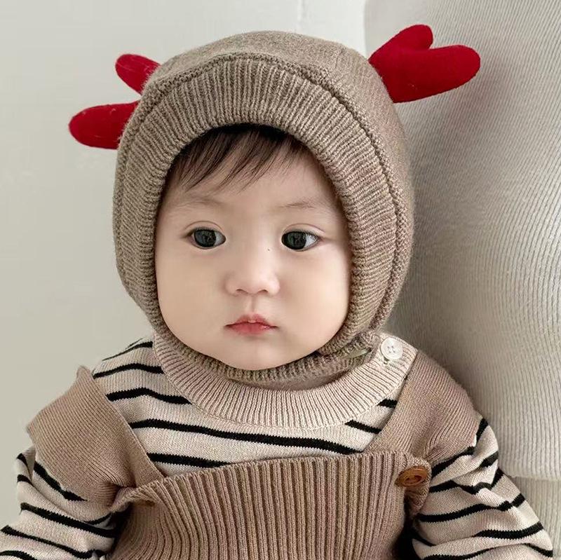 Christmas Antler Kids' Windproof Knitted Wool Hat with Ear Protection