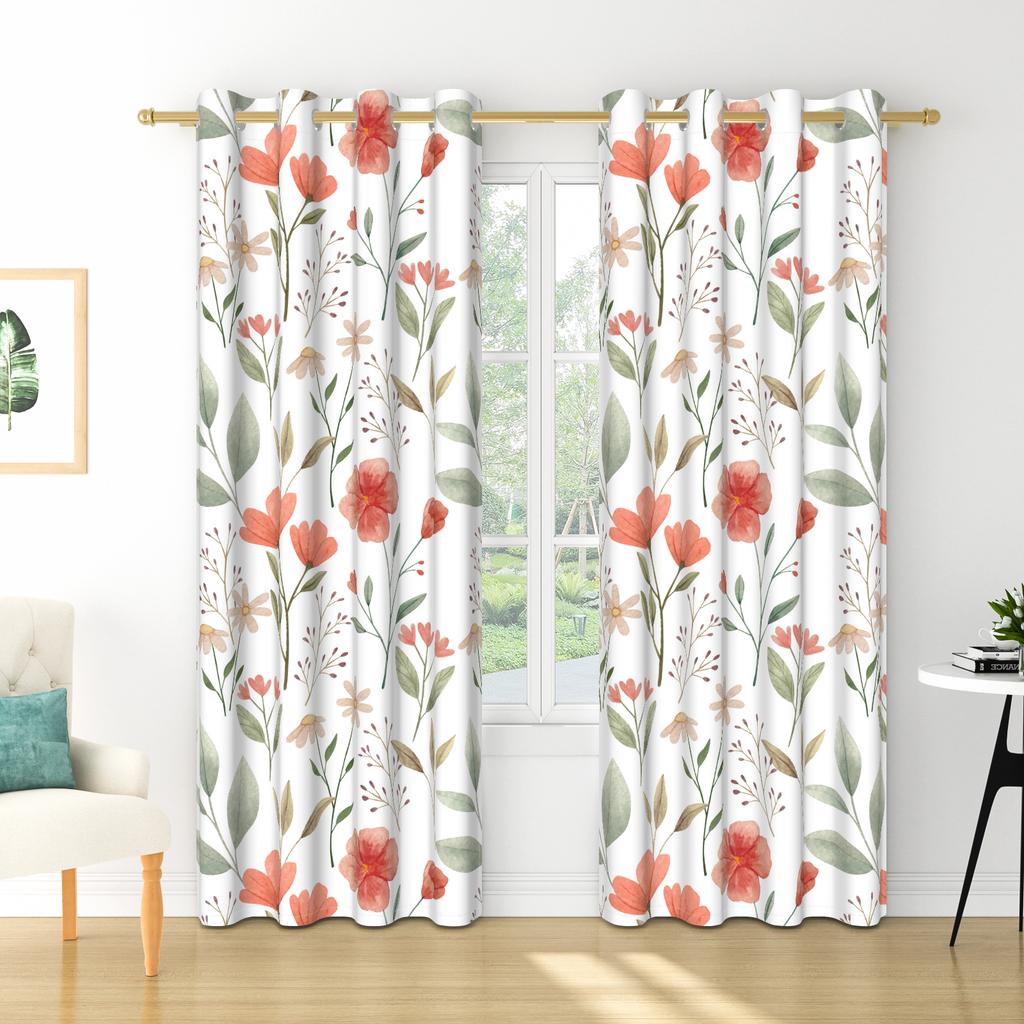 Set Of 2 Floral Pattern Curtains Botanical Design Bedroom Living Room Window Decor Home Drapes Darkening Made Polyester Treatment