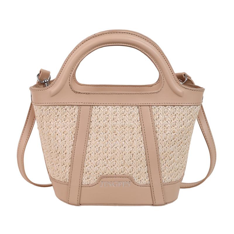 Casual fashion portable bucket bag women's summer new straw shoulder bag texture splicing messenger bag