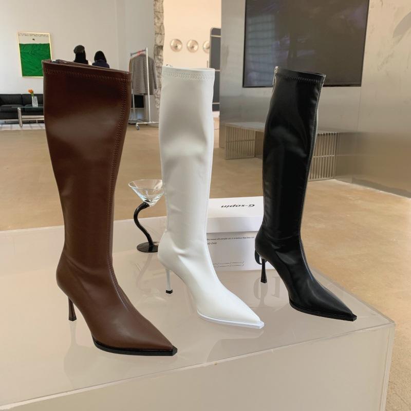 

2025 autumn and winter new sexy pointed-toed thin-heeled high-heeled knight boots for small people with thin high heels but knee boots 39 коричневый