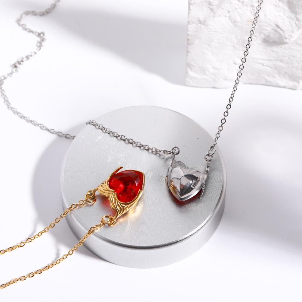 European & American Zircon Heart Pendant Necklace, Stainless Steel, Scarlet Witch Design