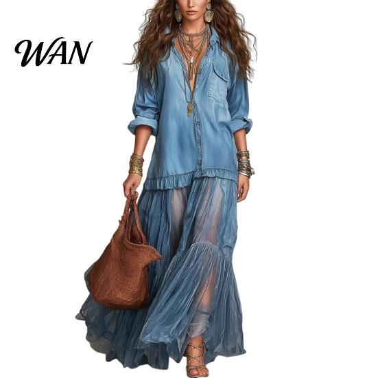 Stylish Women Sundress Women's Faux Denim Shirt Dress, Long Sleeve Mesh Patchwork Pleated Detail Dress Maxi Button Down Ruffle Sheer Printed
