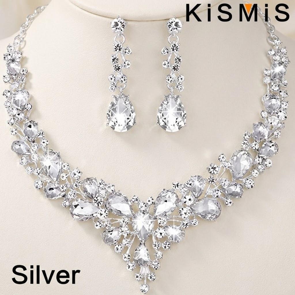 

Bridal Jewelry Set Crystal Rhinestone Necklace Earrings Teardrop Dangle Wedding Gift Elegant Statement Accessories срібний