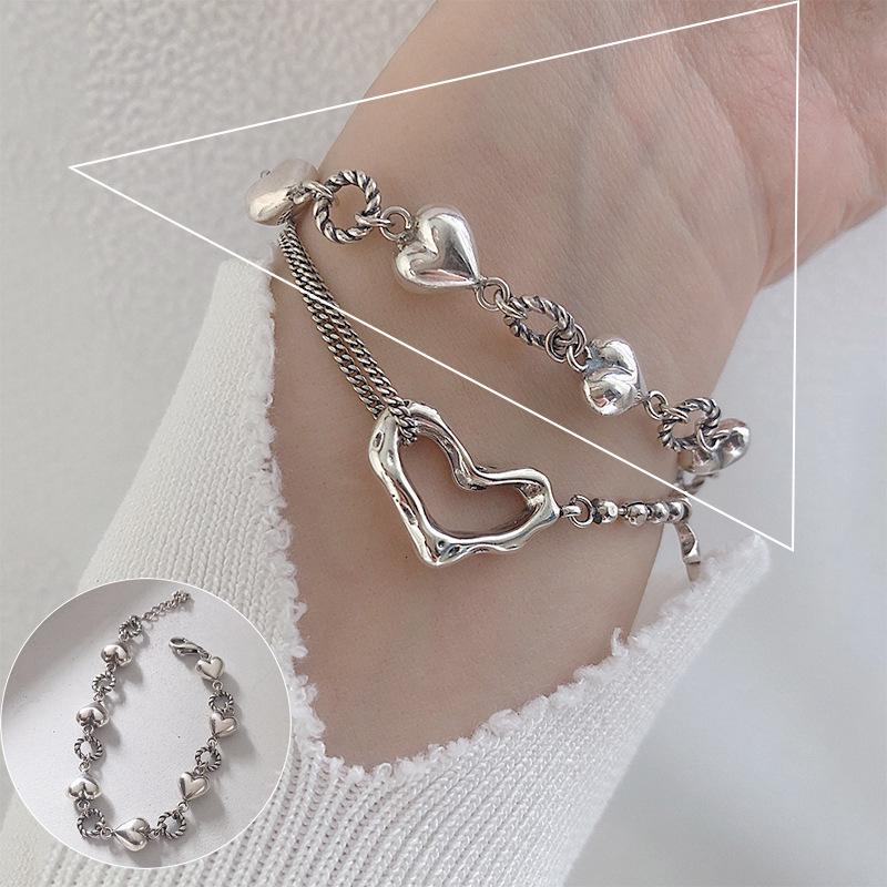 Korean S925 Sterling Silver Geometric Cutout Bracelet - Women's Retro Hong Kong Style Trendy Bangle
