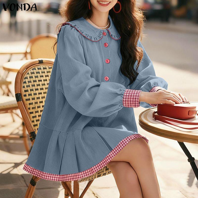 VONDA Women Turn Down Collar Long Sleeve Stitching Plaid Print Casual Ruffled Dress