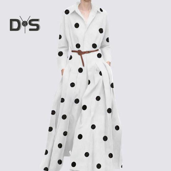 

Женское весенне-осеннее платье-рубашка с длинными рукавами с лацканами и карманами в горошек с высокой талией, трапециевидное праздничное платье макси, уличная одежда M белый