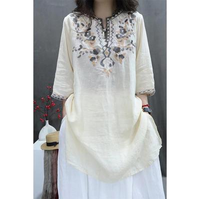 Women's Summer Floral Embroidery Long Blouse Vintage Thin Split Shirts Medium To Long Loose Cotton Linen Shirt