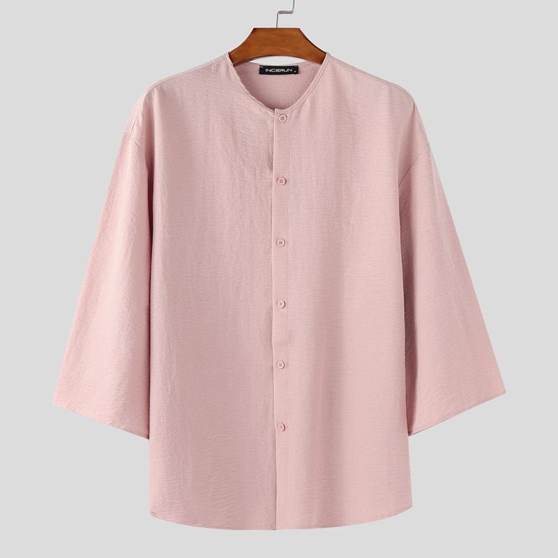 

INCERUN Мужские рубашки-туники оверсайз без воротника с рукавом 3/4, однотонные, повседневные S