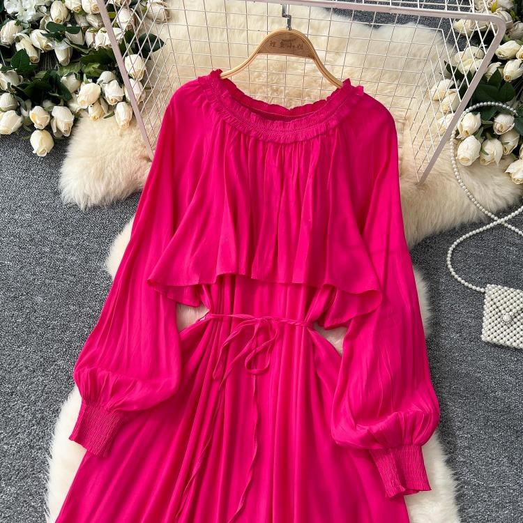 French Vintage Evening Dress Elegant Asymmetrical Ruffle O Neck Long Sleeve Lace Up Spliced Chic High Street Autumn Clothing