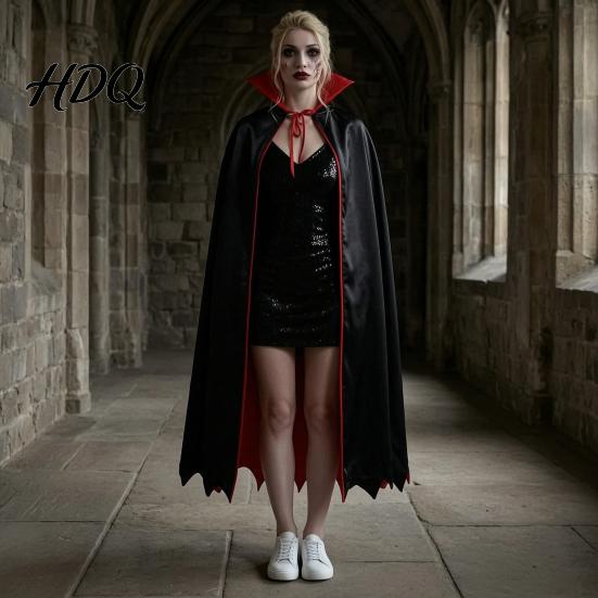 Halloween Costume Cape Vampire Cloak with Stand Up Collar, Medieval Gothic Festival Atmosphere Clothing Black Red for Cosplay, Masquerade, Fancy Dance