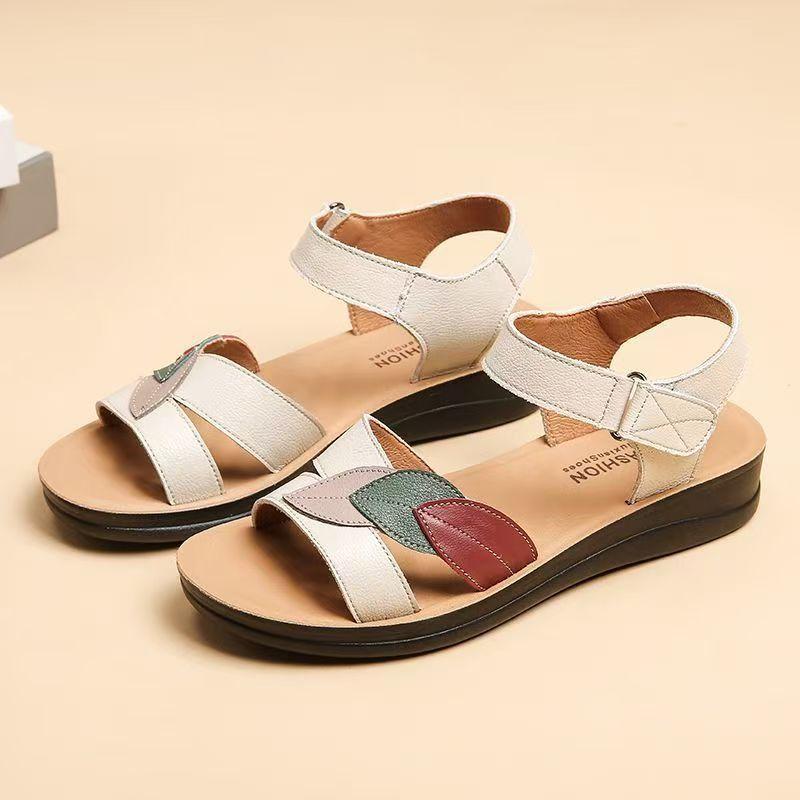 Mom Sandals Summer 2025 New Real Soft Leather Middle-aged Comfortable Flat Bottom Elderly In the Elderly Women's Shoes Non-slip
