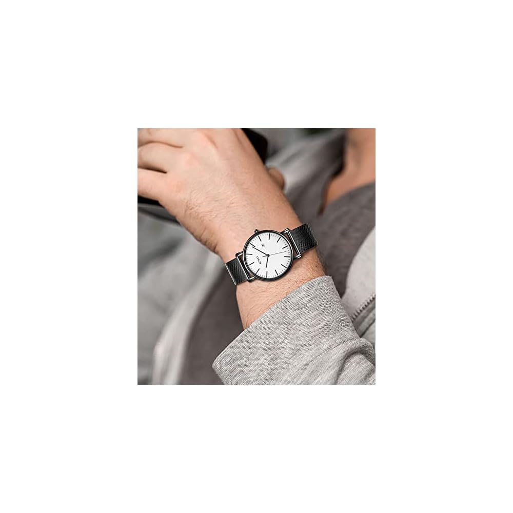 BUREI Men's Analog Watch Waterproof Simple Milanese Mesh Strap White Black