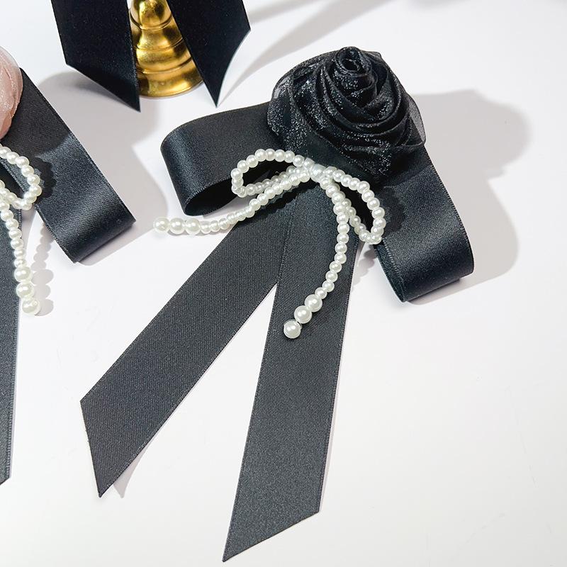 

High-End Fabric Rose Flower Brooches for Women Pearl Ribbon Bow Pins Fashion Jewelry Shirt Collar Pin Badge Accessories чорний