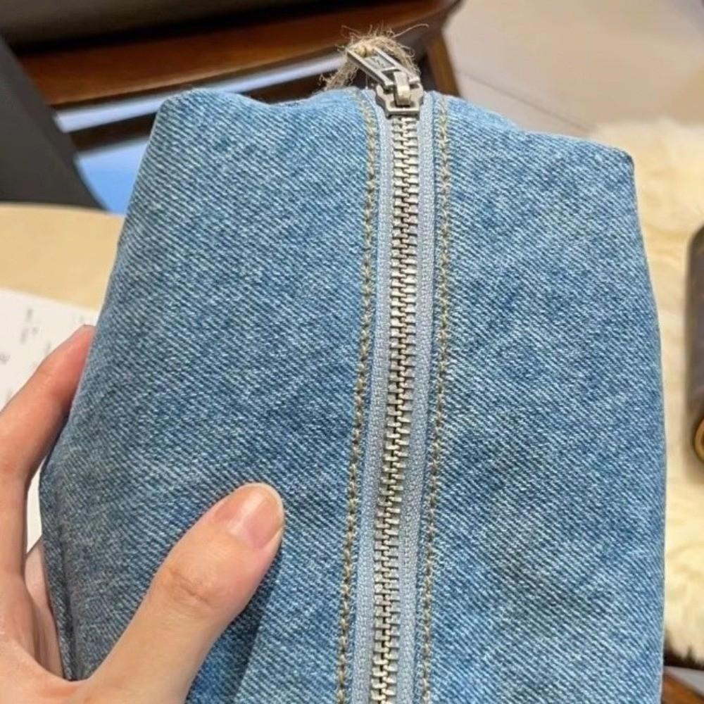 Einfarbige blaue Denim-Kosmetiktasche im koreanischen Stil mit Reißverschluss, rechteckige Vintage-Federtasche zur Aufbewahrung von Schreibwaren für Damen