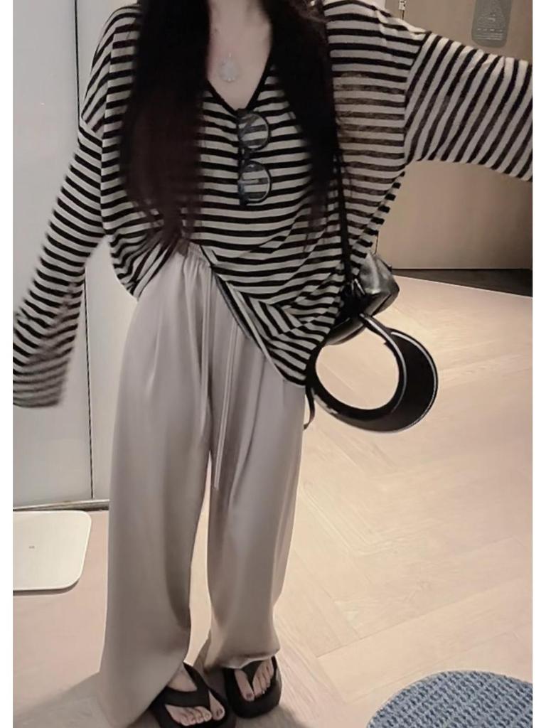 Tencel Linen Striped Loose Fit Women's Sunscreen T-Shirt