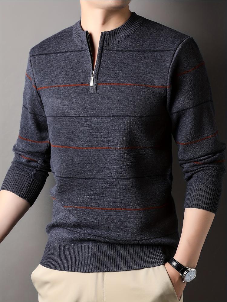 Men's Casual Striped Knit Sweater With 1/4 Zip, Long Sleeve Polyester & Acrylic Blend Top, Mature Style