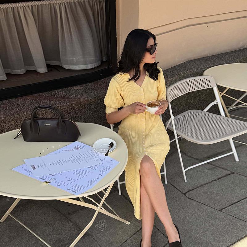 Slit Long Cardigan Knit Dress Women Fashion Short Sleeve Patchwork High Waist Maxi Dress Street Casual Y2K Dress 2025 summer autumn