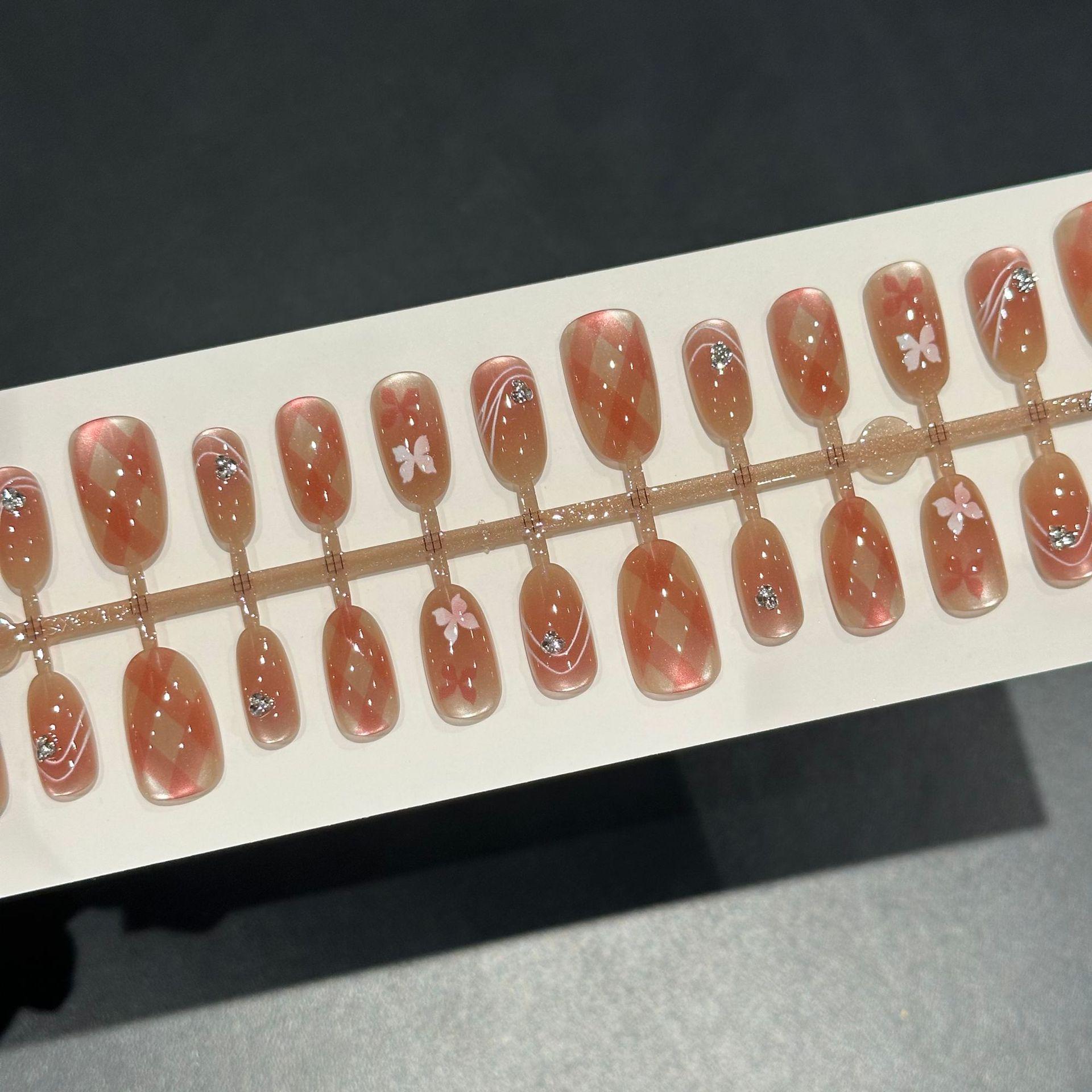 30pcs Cat Eye Butterfly Plaid Nail Stickers: High-Class Wearable Autumn Winter Pre-made Blush Nail Tips