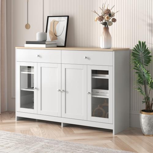 Sideboard Buffet Storage Cabinet with 2 Drawers and 4 Doors, Glass Door Design, Adjustable Shelves for Kitchen Living Room