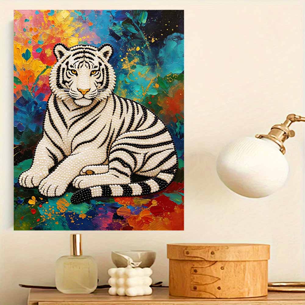 Shiny Pearl White Tiger DIY Painting Creative Bead Art Craft Household Wall Decoration Nice Present For Art Hobbyists Home Decor Wall Artwork Supplies