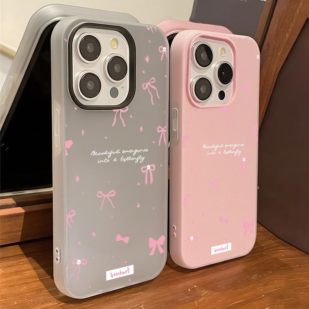 Applicable to iPhone17ProMax Korean style pink bow mobile phone protective case iPhone16 niche large hole x