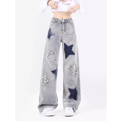 American Retro Y2K Jeans Women Star Raw Edge Splicing Loose Wide Leg Denim Pants Female Blue Embroidery Trousers