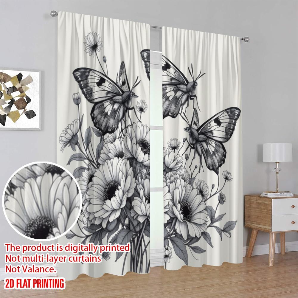 2 Stück, 2D-Flachdruck Beliebte Vorhänge Schmetterlingsblüten Polyesterstoff (ohne Stange) Perfekte Außendekorationen zum Wohnen