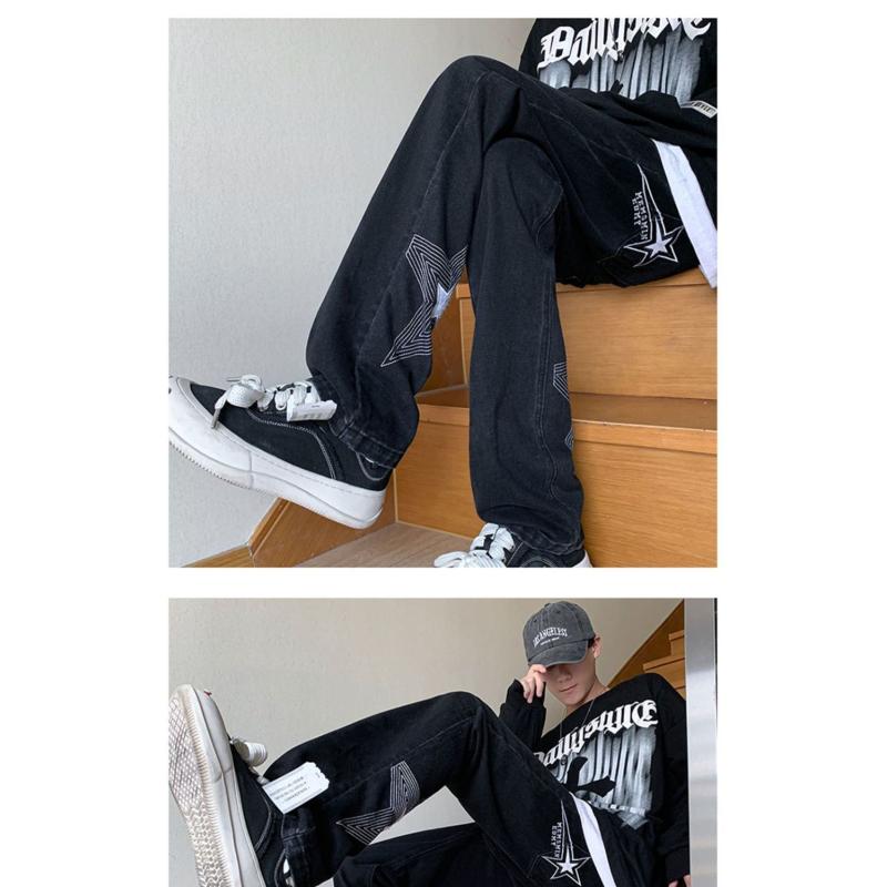 Calças estilo americano vibe high street bordado azul claro estrela jeans design masculino senso calças retas