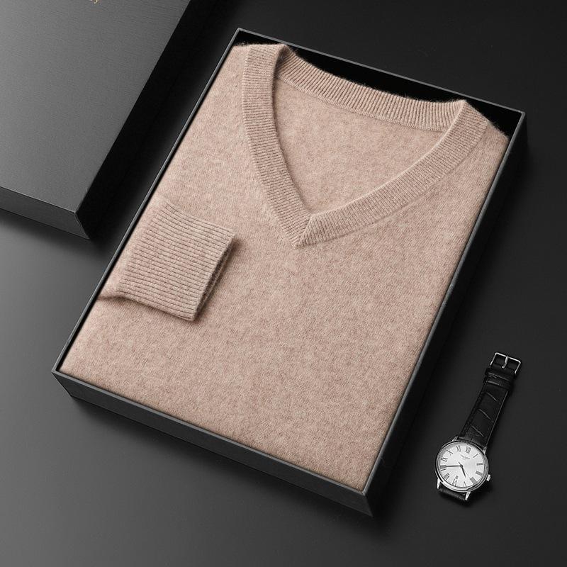 Men's V-Neck Cashmere Sweater, Plus Size, Long Sleeve, Solid Color, Wool Knit, 2023 Autumn/Winter Collection.