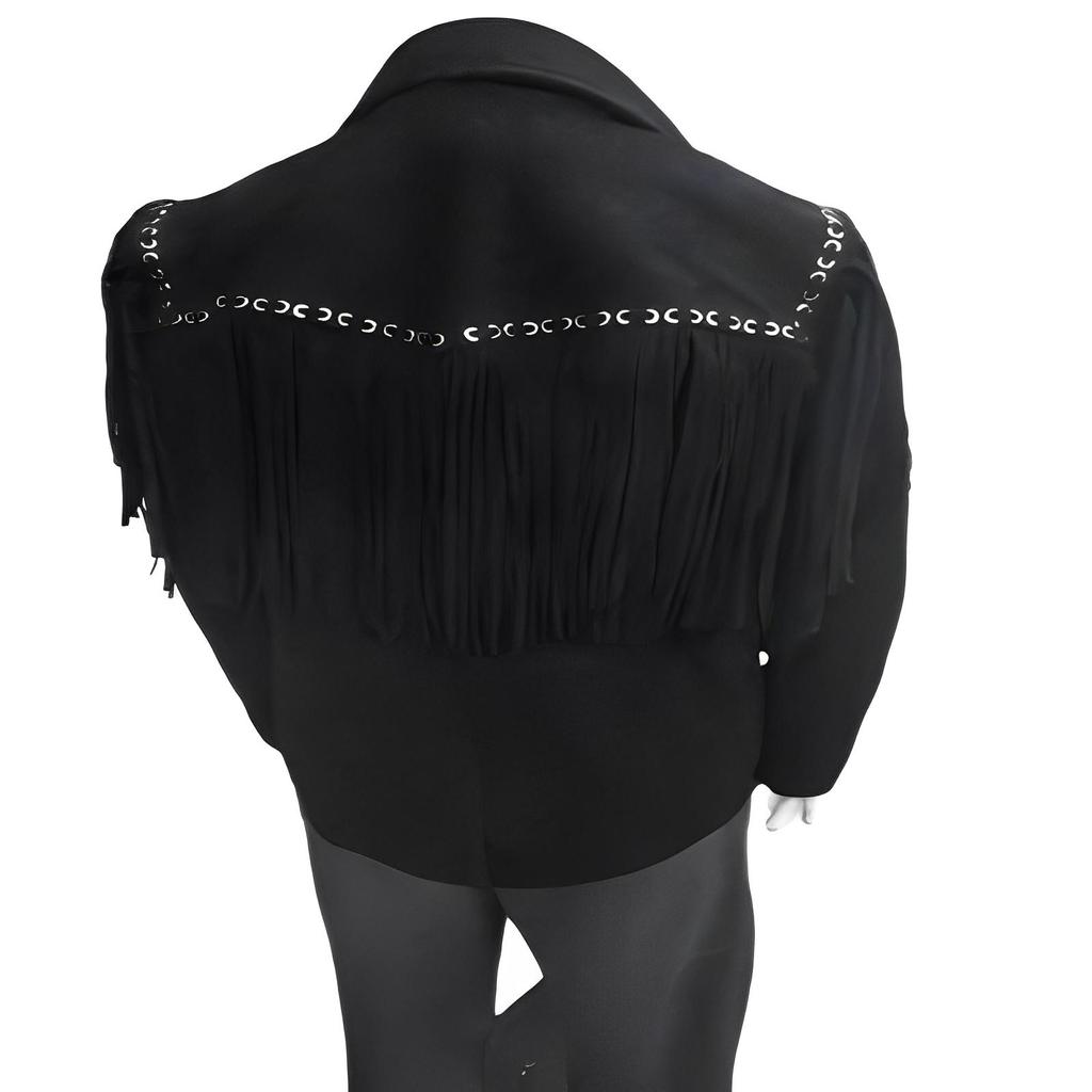 NOORA Mens Suede Black Cowboy Western Leather Jacket With Fringe Tassels