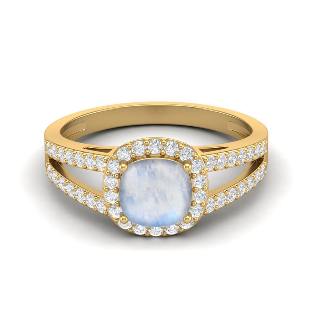 925 Sterling Silver Gold Vermeil 2.22 Cts Cushion Moonstone Solitaire With Accent Split Shank Wedding Women Ring