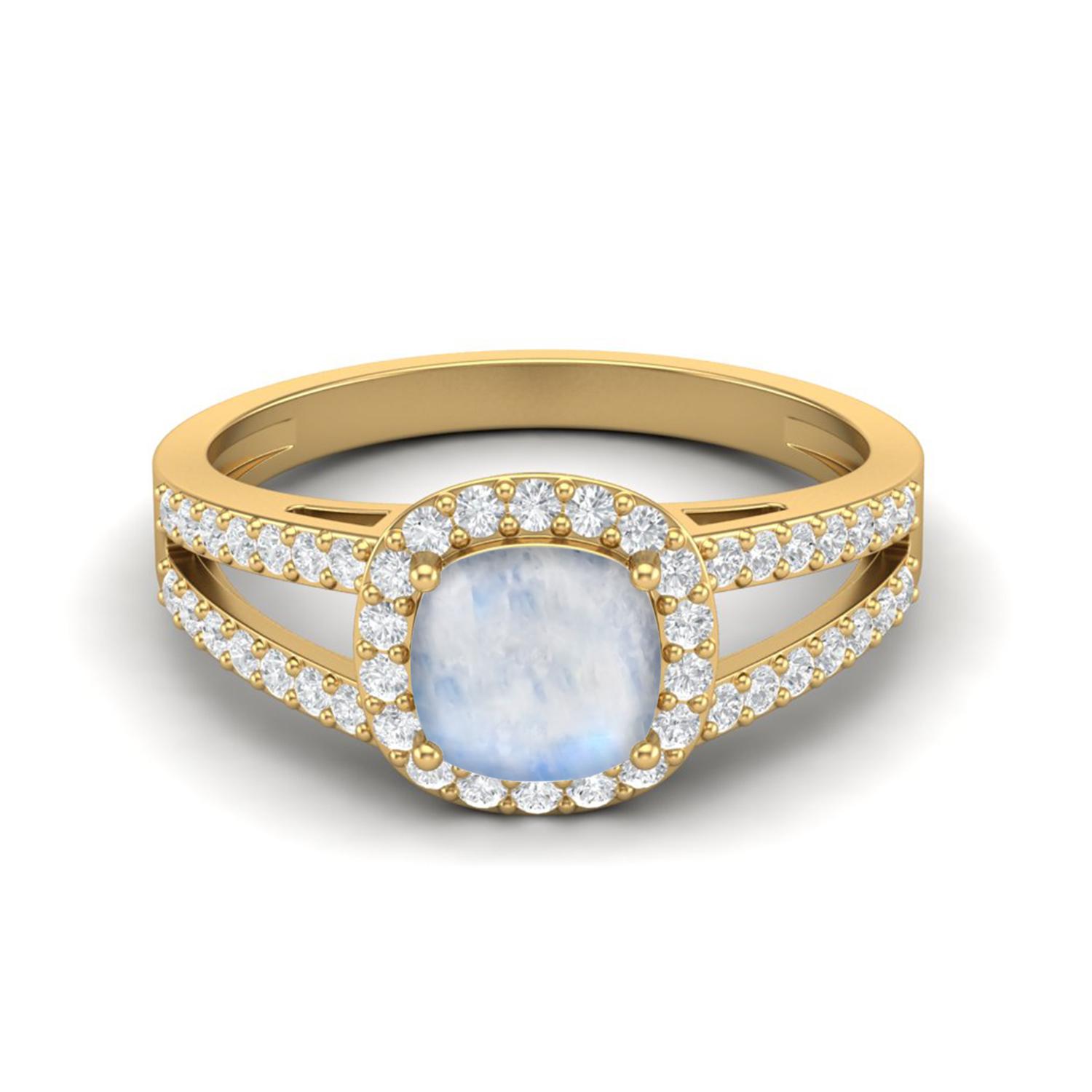 925 Sterling Silver Gold Vermeil 2.22 Cts Cushion Moonstone Solitaire With Accent Split Shank Wedding Women Ring 10 жёлтый