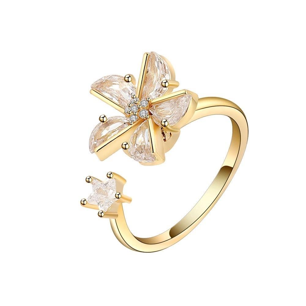 Zircon Rotatable Ring Adjustable Crystal Flower Ring Fashion Jewelry Flower Opening Ring For Women золотой