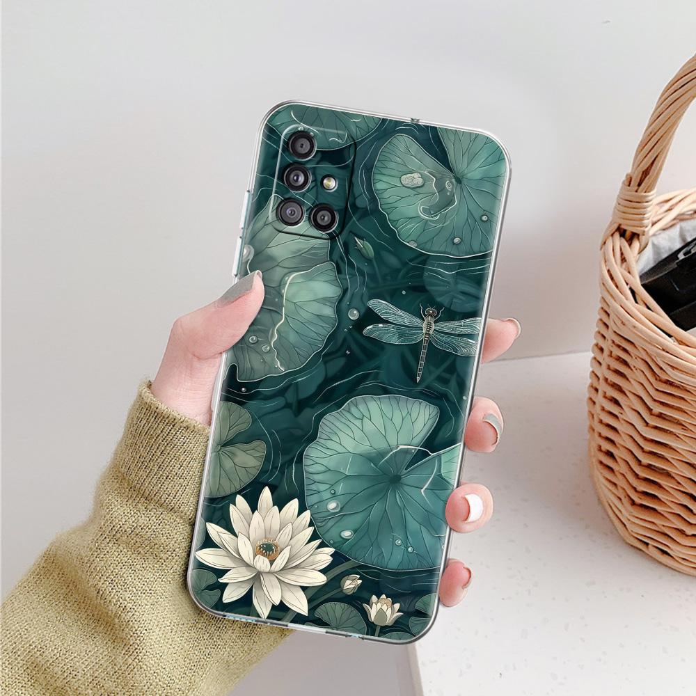 Phone Case For Samsung A15 A13 A35 A55 A51 A71 A41 A31 A21S A03S A05 A17 A23 A25 A33 A53 A73 5G A07 4G Clear Cover Lotus Pattern