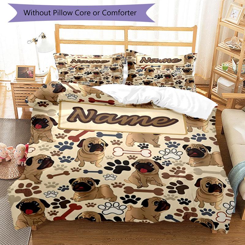 3PC Custom Name Pug Paws Bones Journal Bedding Set Duvet Cover Closure Includes 1 Duvet Cover & 2 Pillowcases for Bedroom