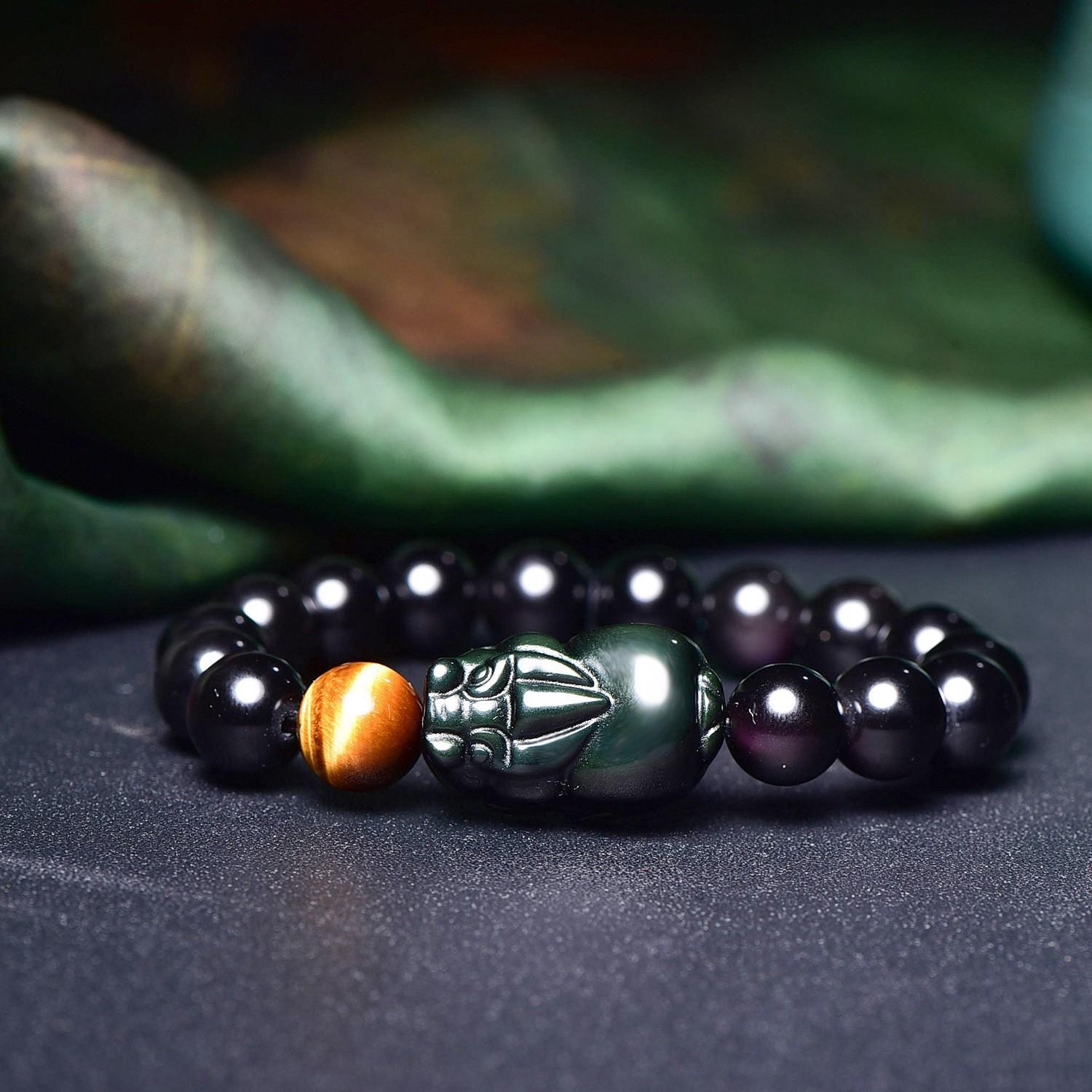 

Colorful Eye Obsidian Pixiu Bracelet, Zodiac Dragon Tiger Eye Stone Bead, Obsidian Single Circle Bracelet, Couple s Bracelet Ball diameter8mm