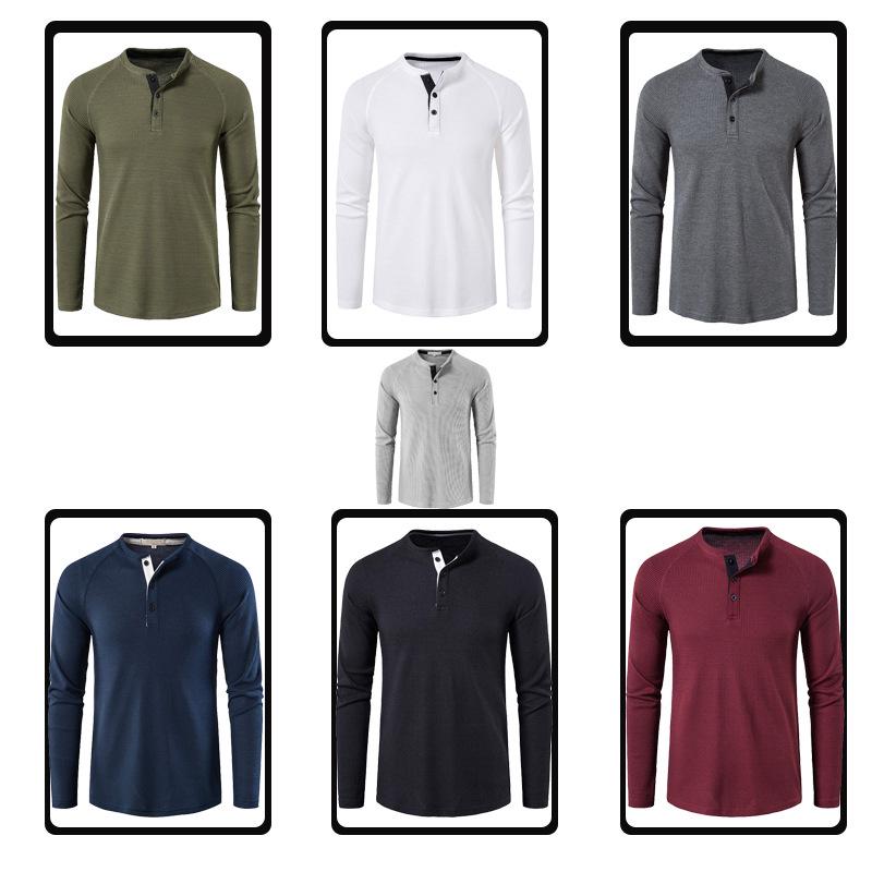Men's Autumn/Winter Waffle Knit Round Neck Raglan Henley Long Sleeve Base Layer T-shirt