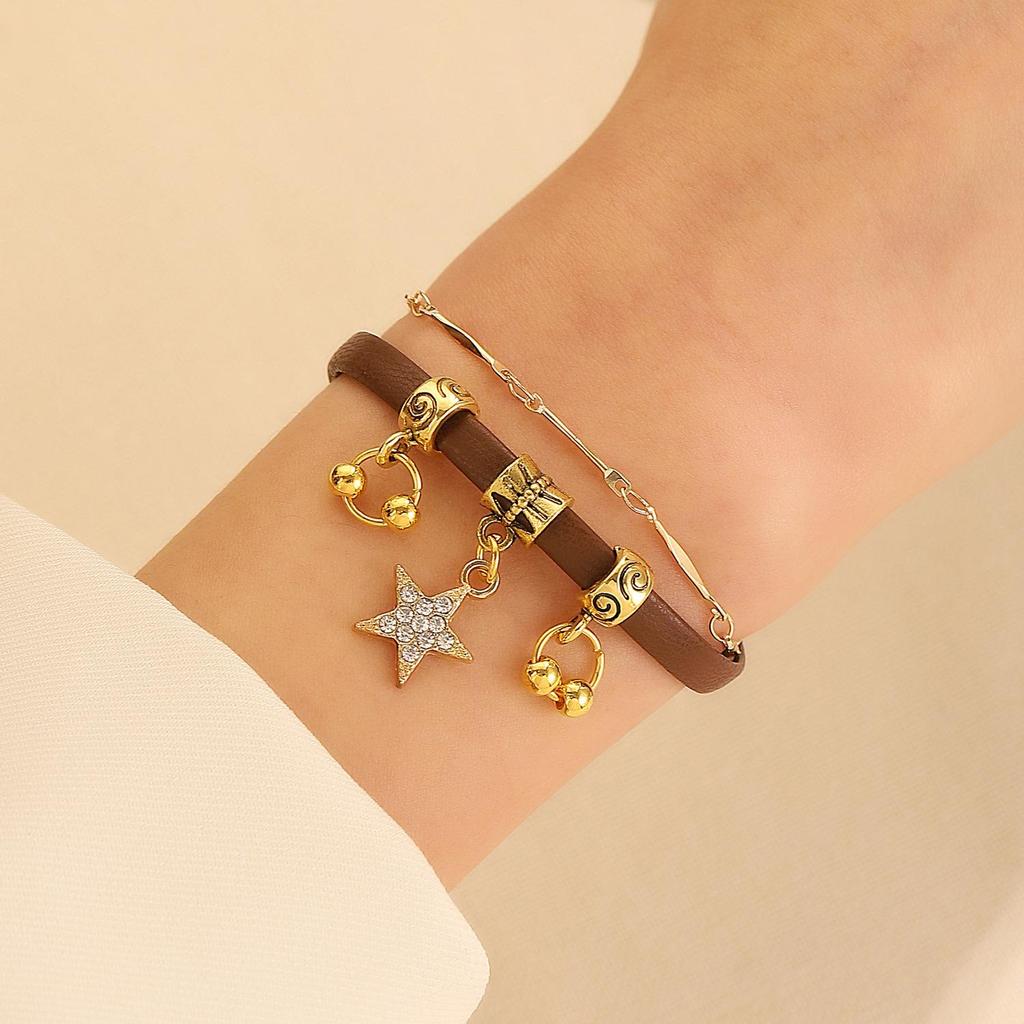 Brown Leather Sun & Star Double-Layer Choker Necklace - Y2K Niche Style for Women