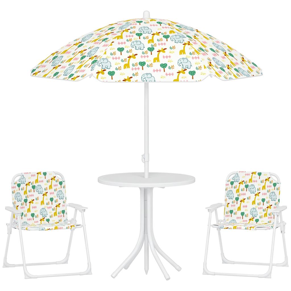 Kids' Seating Corner, Folding Chair Seat Set with Parasol, Colorful Pattern, White