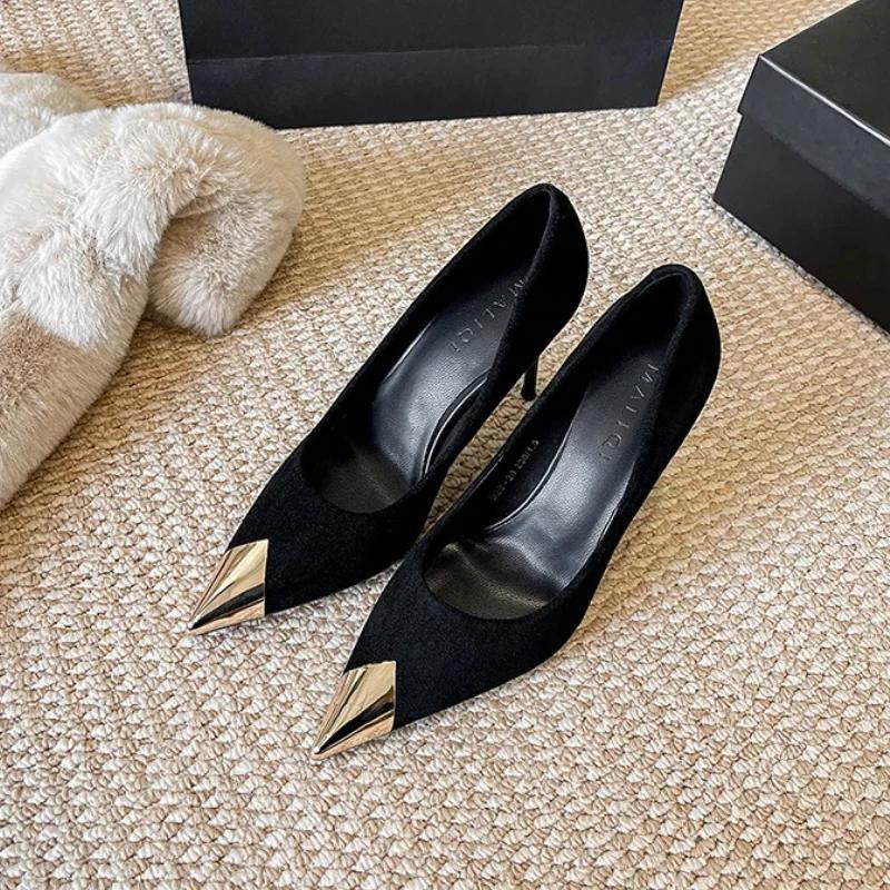 New Sexy Women's High Heels Women's Stiletto Houndstooth Color Matching Metal Pointed Shoes Wedding Women's Pumps Black Heels