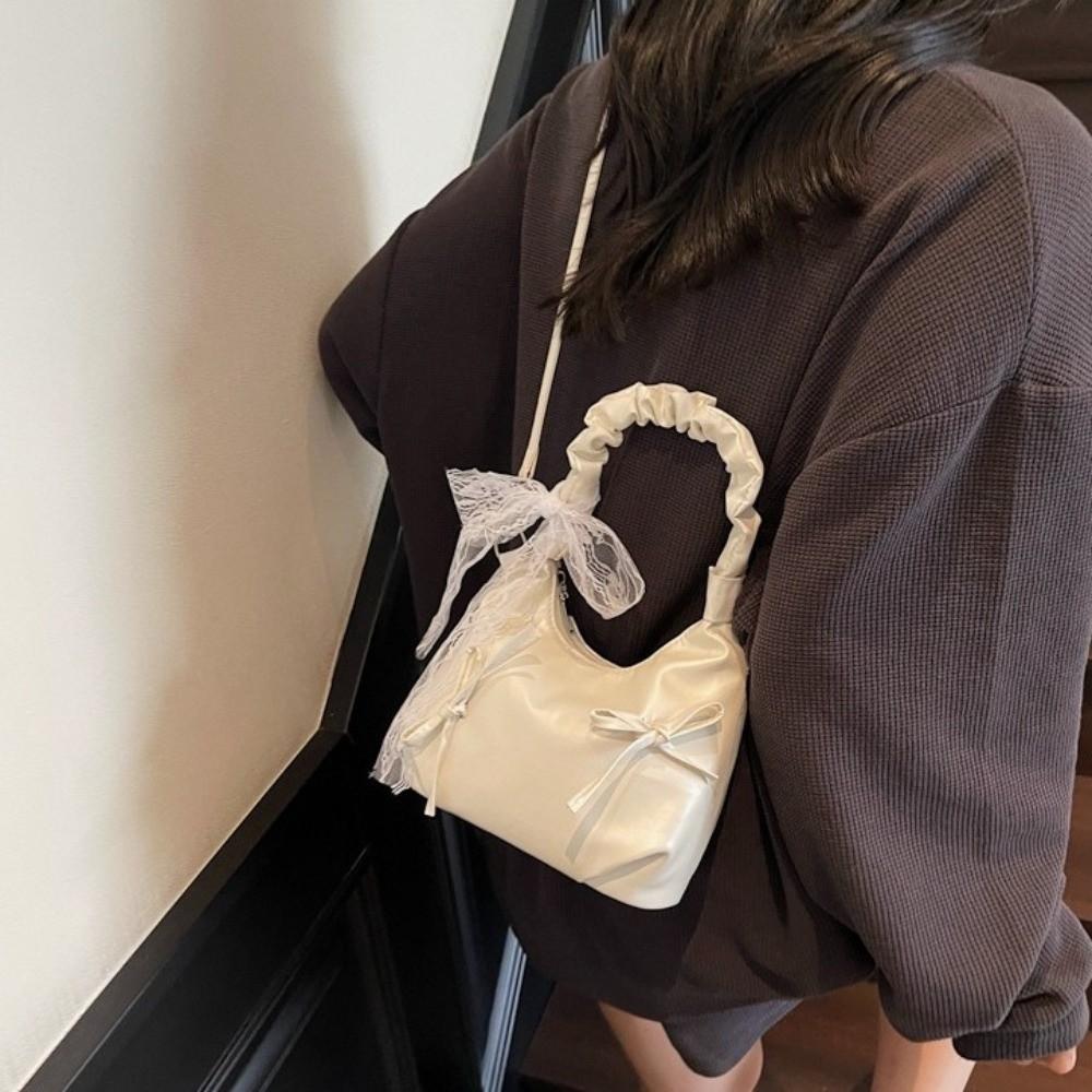 Pleated Evening Handbag Beige Underarm Bag Sweet Bow PU Shoulder Bag Travel