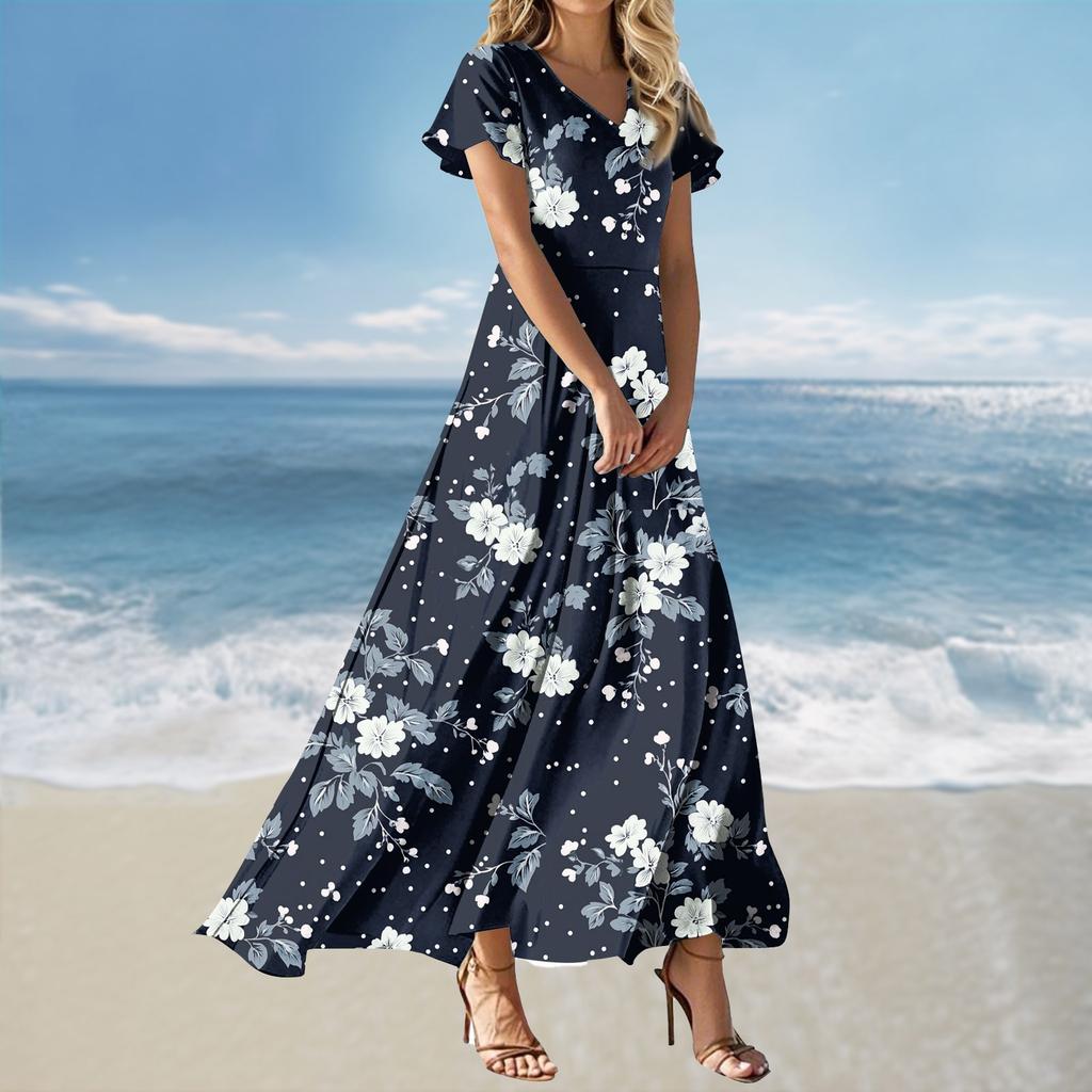 Vestido Feminino Casual Soltinho de Manga Curta com Decote V e Cintura Alta Estampado