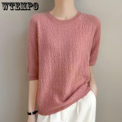 Damen Strickpullover mit Lochmuster Locker Rundhals Halbarm Oberteil Dünner Strickpullover