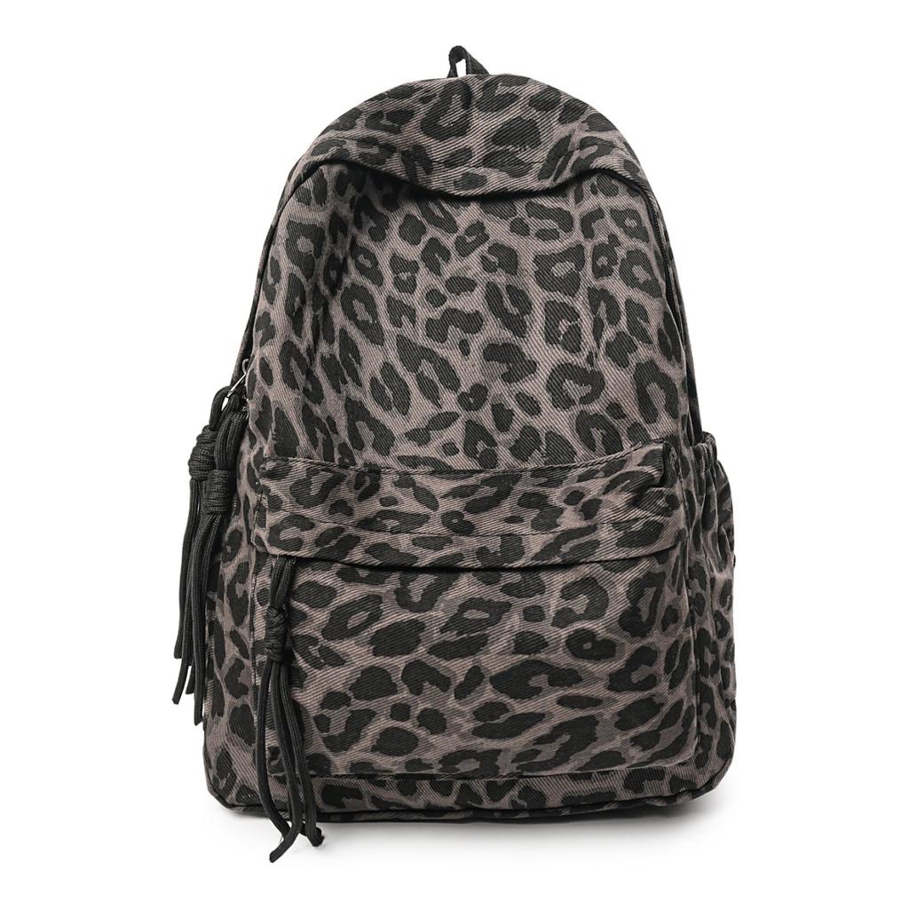 Leopard Print Backpack Casual Daily Use Trendy Street Style Lightweight Backpack for Women with Tassel Detail for School Travel and Everyday Outings