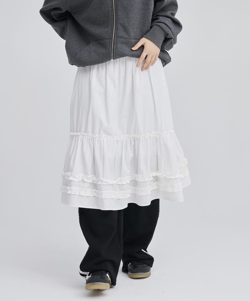 Awesome Studio Frill Shirred Tiered Midi Skirt White