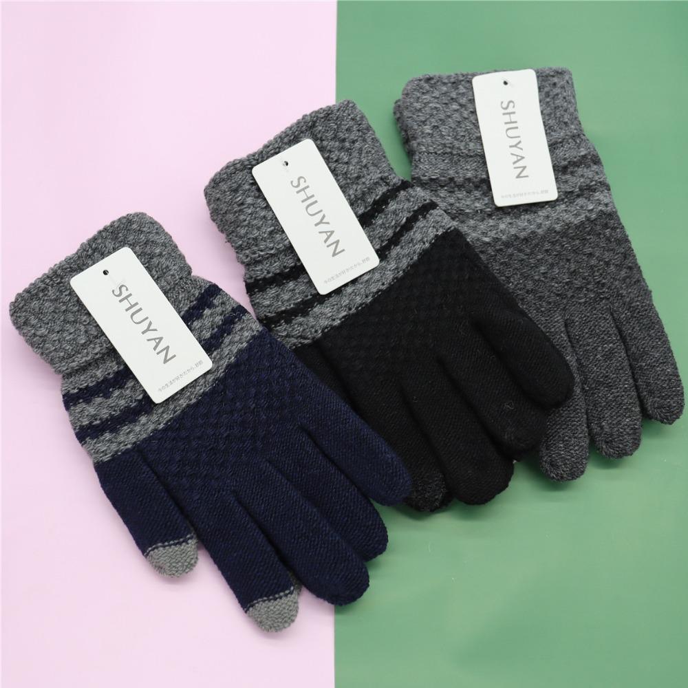 Touch Screen Wool Gloves Autumn and Winter Men's Warm Full Finger Five Finger Knitting Students