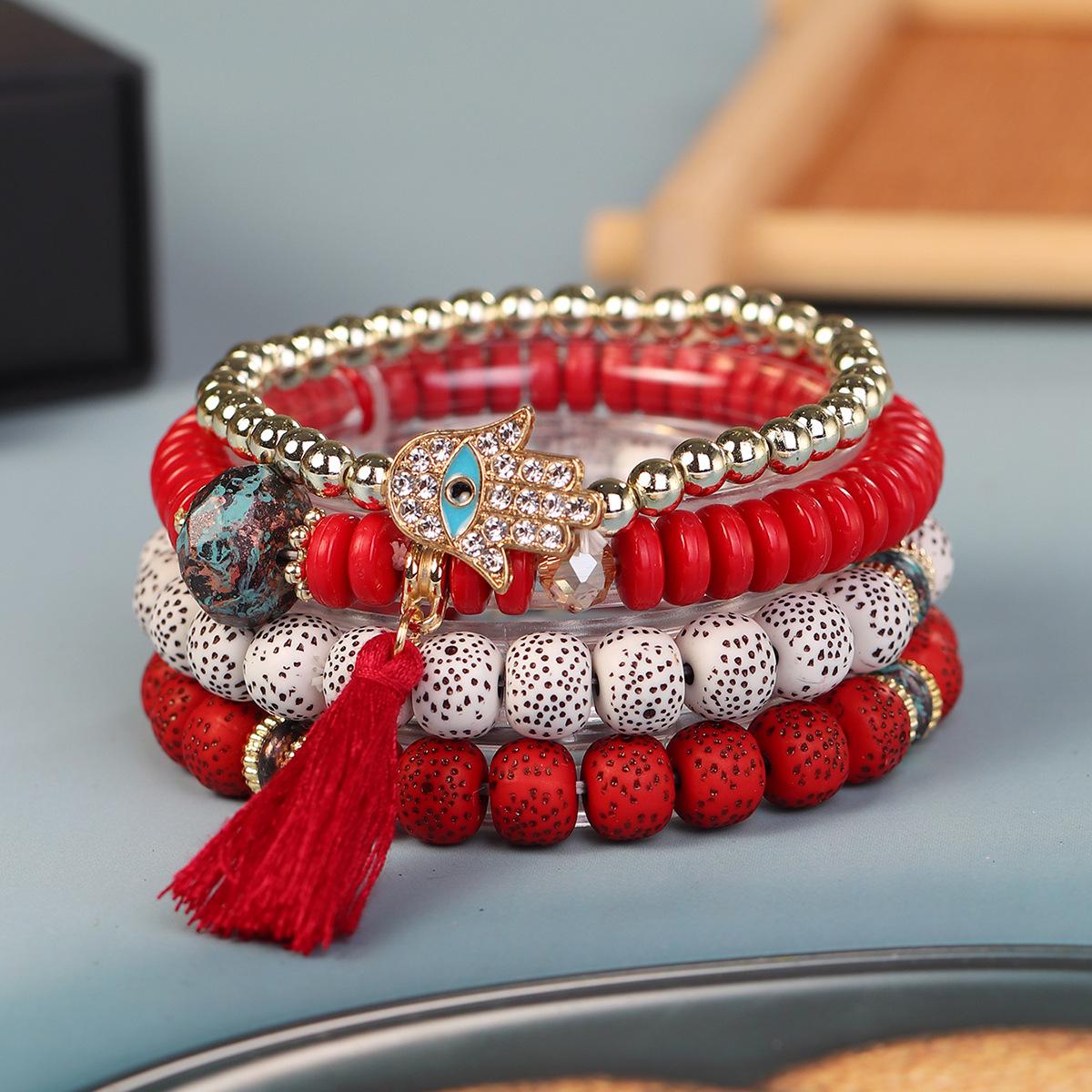 European Boho Beaded Bracelet Set with Evil Eye and Tassel