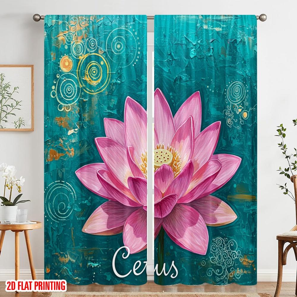 2 Stück 2D Flachdruck Szene Vorhang Lotusblume Aquarell Stoff Ohne Strom Festliche Vorhänge Perfekt für Wandkunst